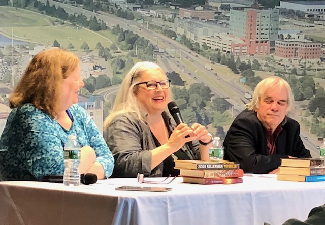 Left to right, moderator Barbara Ross, Julia Spencer-Fleming, R.G. Belsky talk about irresistible openings.