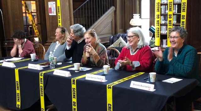 Lynne Raimondo (face in hands, at far left) did her best to herd the cats on this panel, titled "A Woman's Place is on the Page . . . And Writing It." We are, from left, Beth Ineson, Jim Ziskin, Dorothy Cannell, Julia Spencer-Fleming and me.